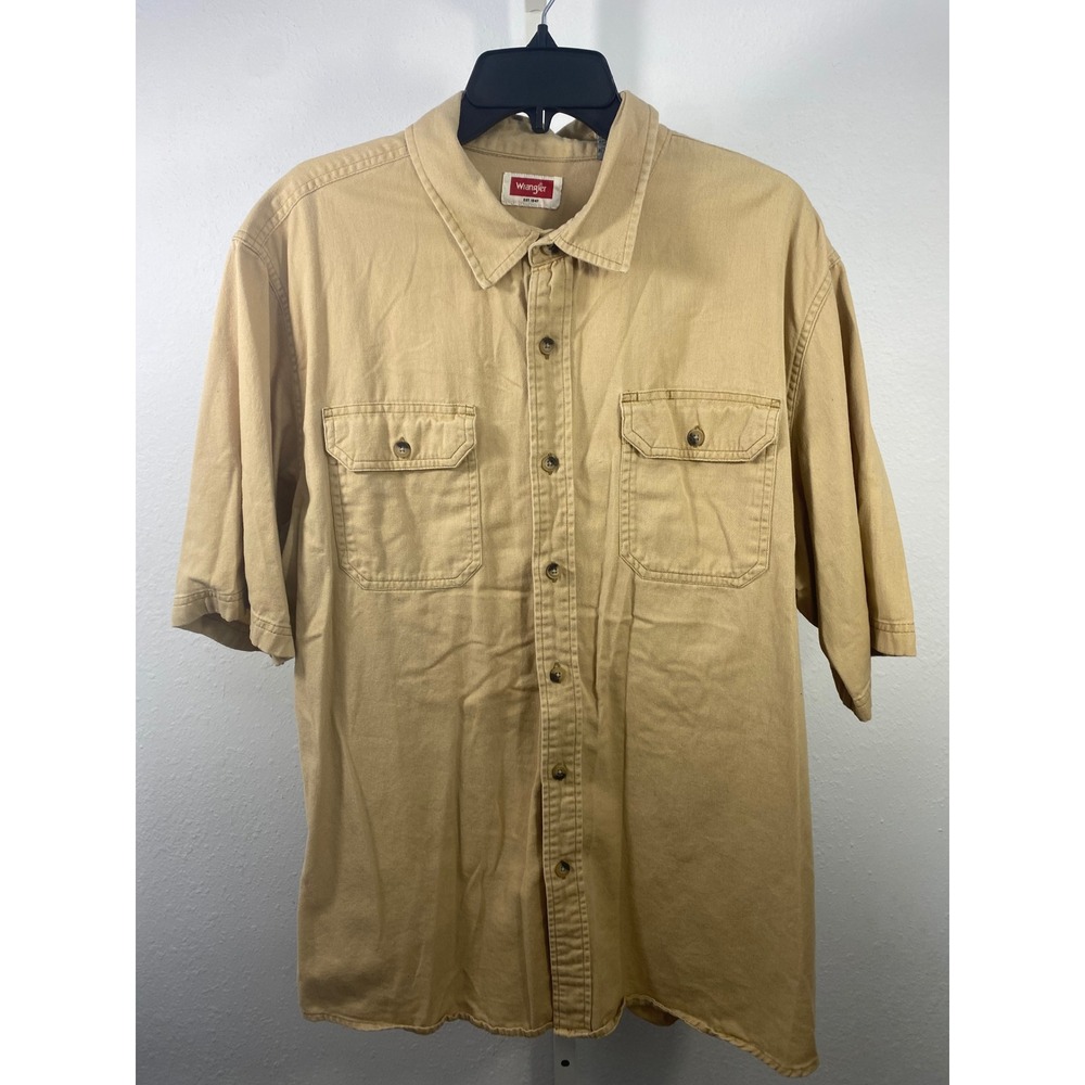 Wrangler Mens XL Short Sleeve Button Down Shirt Tan Khaki Twill Workwear Pockets